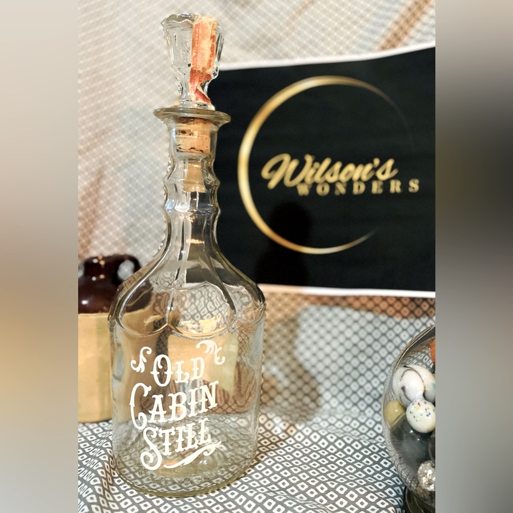 Vintage 1970’s Old Cabin Still Bourbon Whiskey Enameled Decanter (Empty)